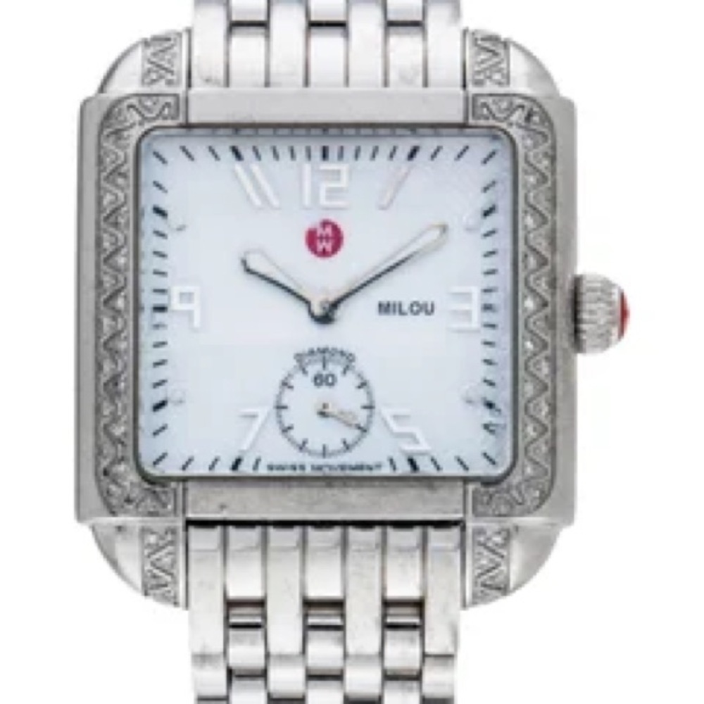 Michele Silver Bracelet Watch with White Face and Diamond Bezel